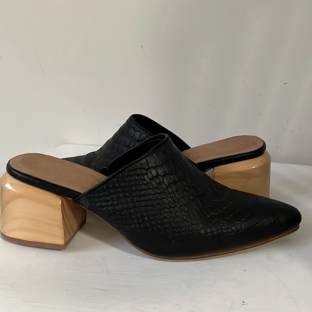 James Smith Le Point Mule Python Print with Wood Black Heel